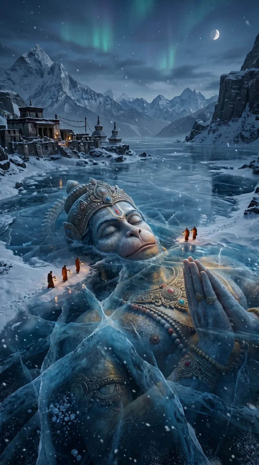 Frozen Hanuman lake meditation AI art prompt