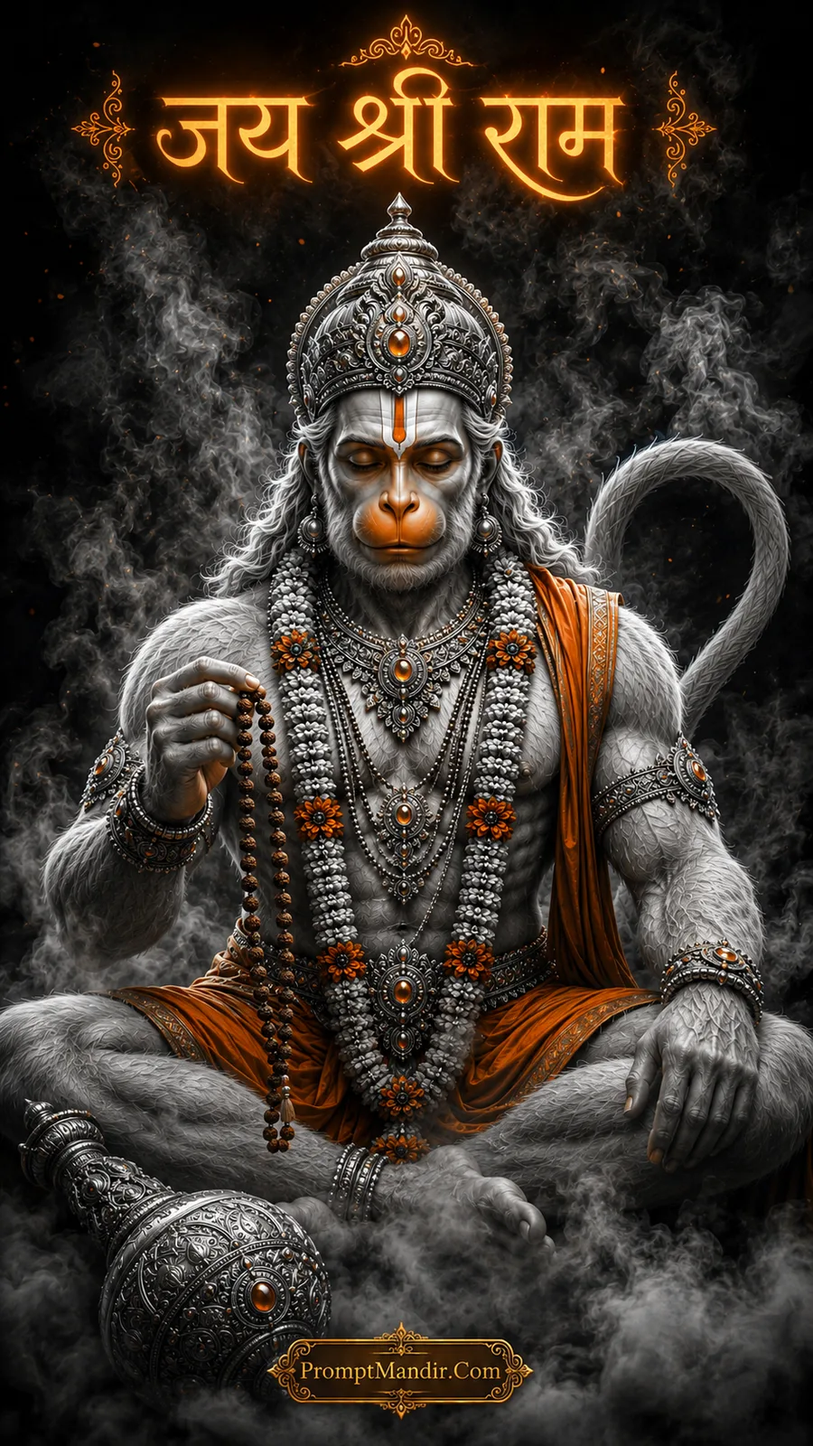 Lord Hanuman meditating with prayer beads, ornate crown and smoky dark background