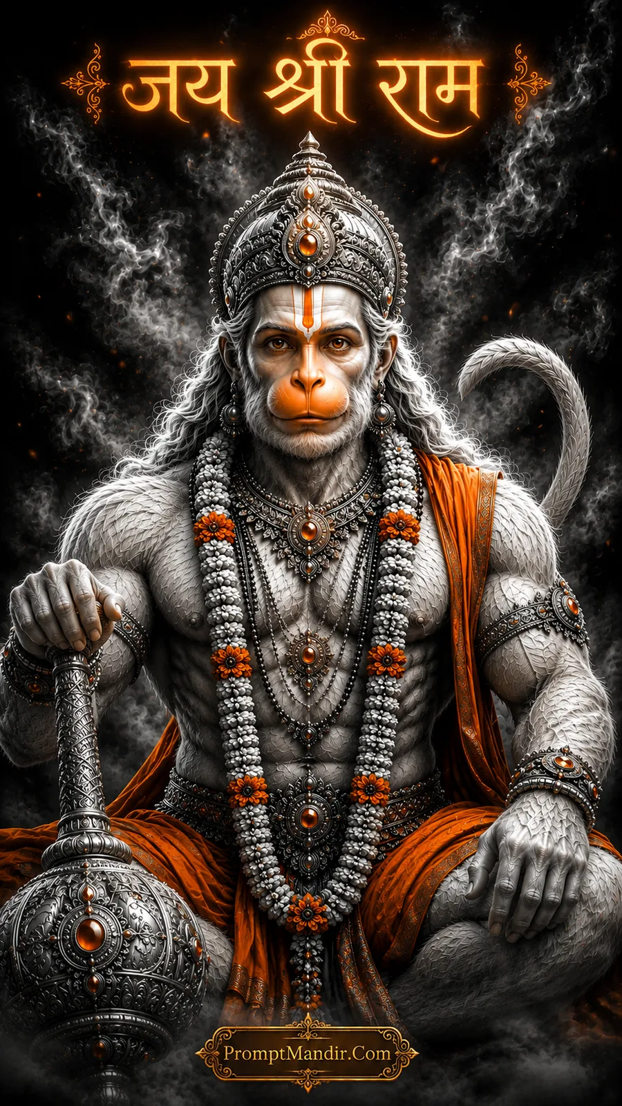 Powerful Lord Hanuman seated beside ornate gada amid mystical smoke