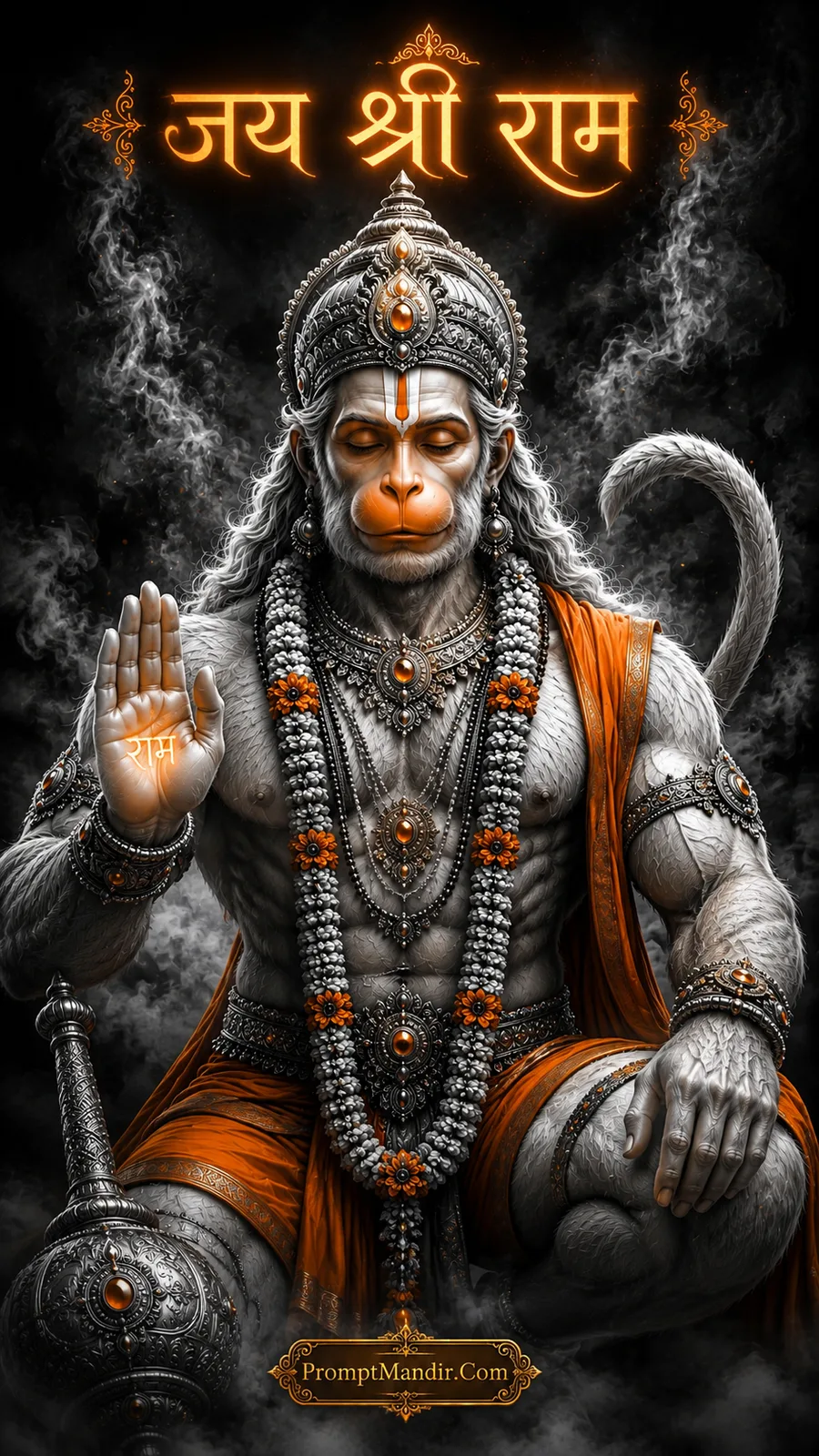 Lord Hanuman giving blessings with glowing Ram symbol on palm