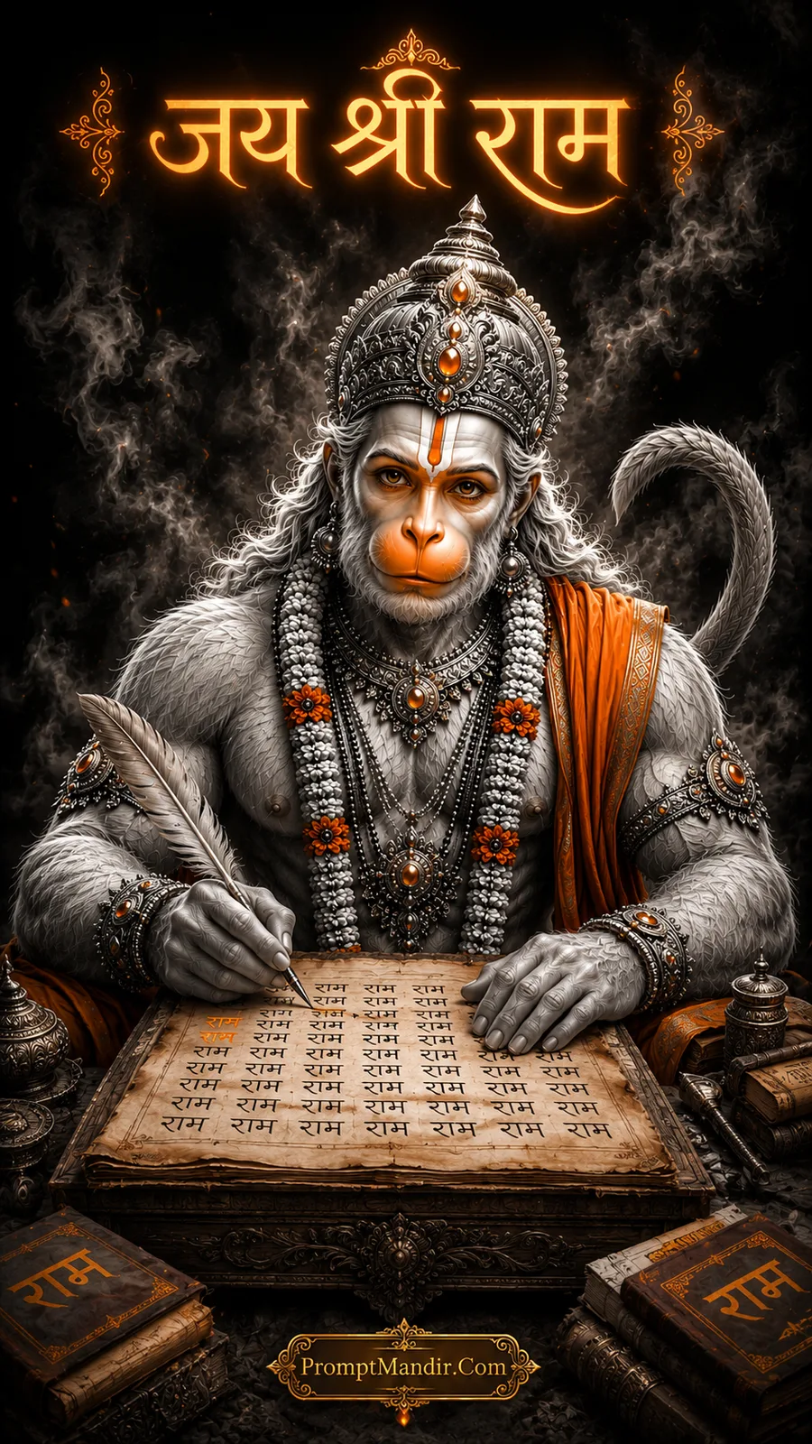 Lord Hanuman writing Ram Naam on manuscript with feather quill