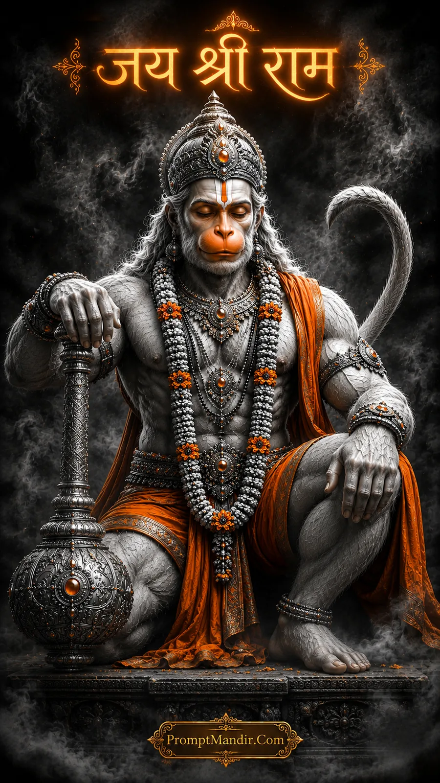 Lord Hanuman seated gracefully with ornate gada and divine ornaments