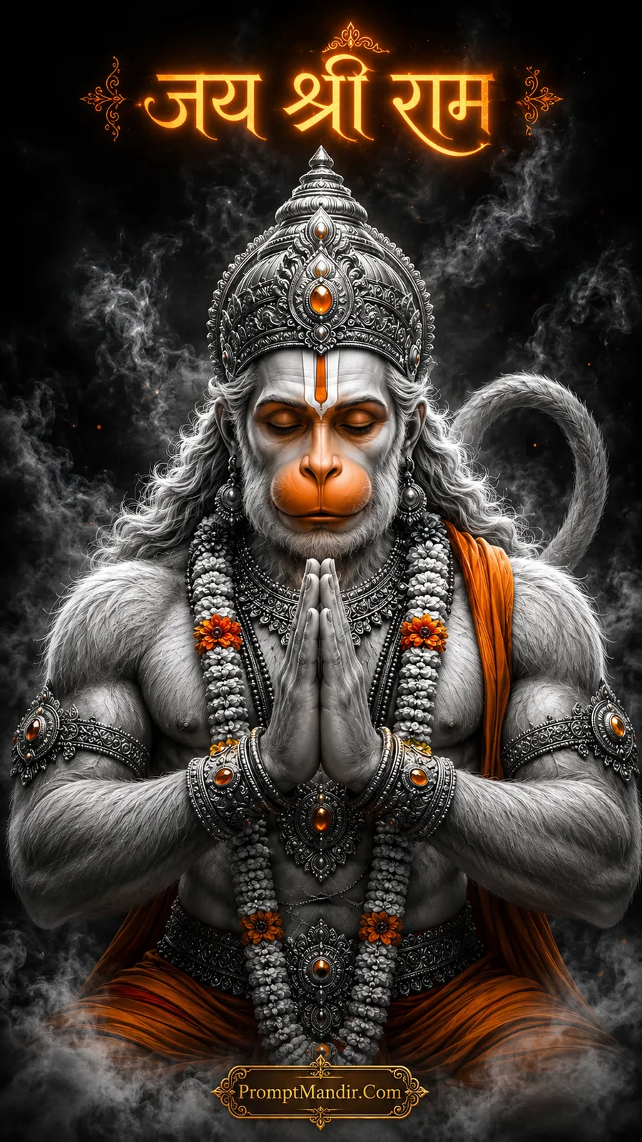 Lord Hanuman in prayer pose surrounded by sacred smoke and garlands