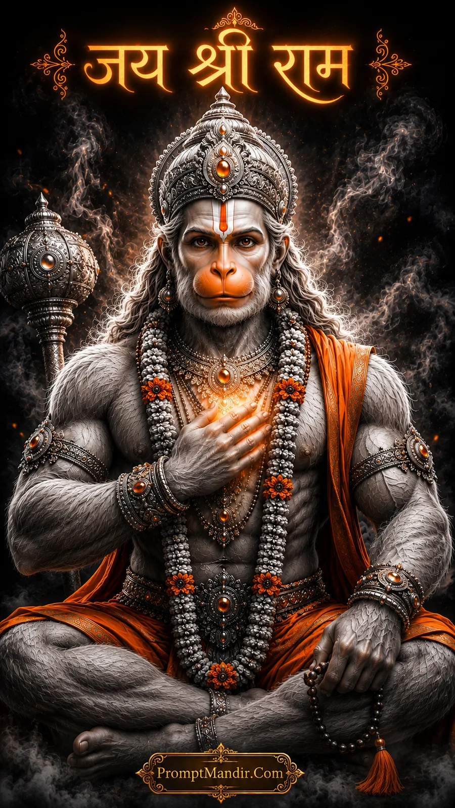 Lord Hanuman touching glowing heart while holding sacred prayer mala