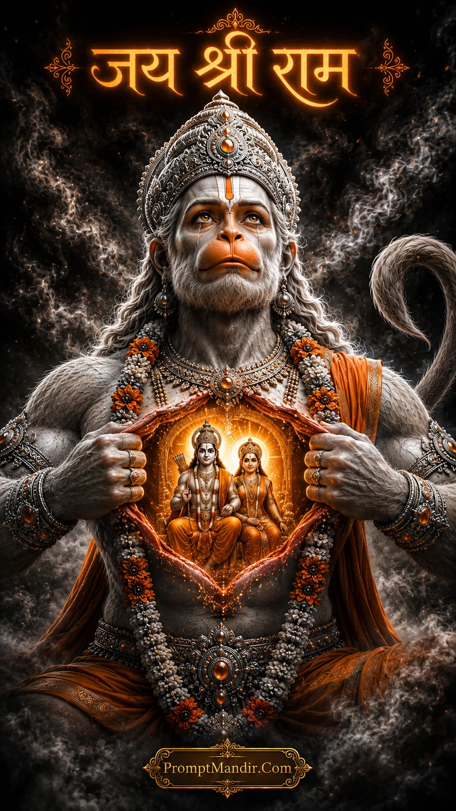 Lord Hanuman revealing Lord Ram and Sita within radiant heart