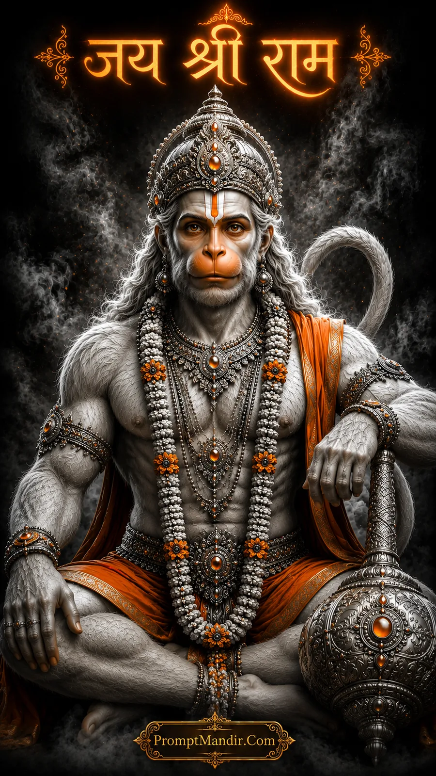 Lord Hanuman seated calmly beside ornate gada with focused expression