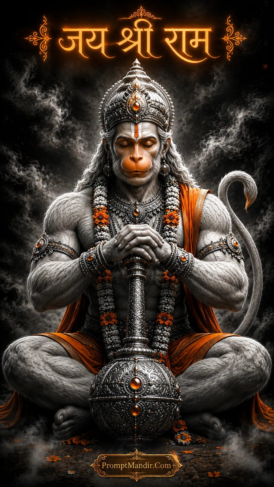 Meditative Lord Hanuman resting hands upon ornate gada in devotion