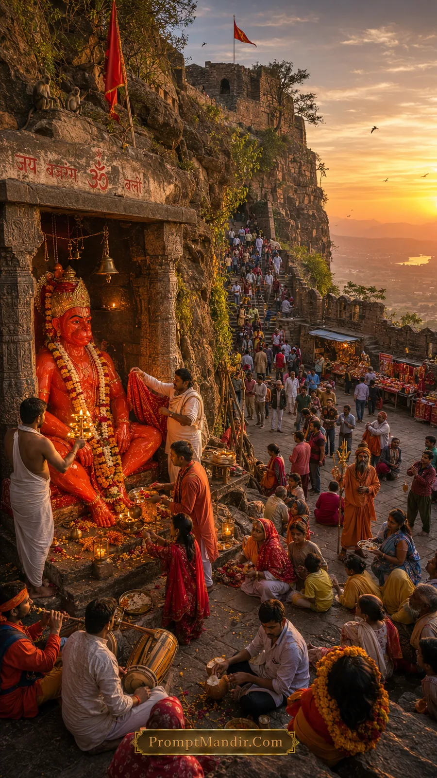 Lord Hanuman shrine on rocky hillside with devotees gathering during sunset worship
