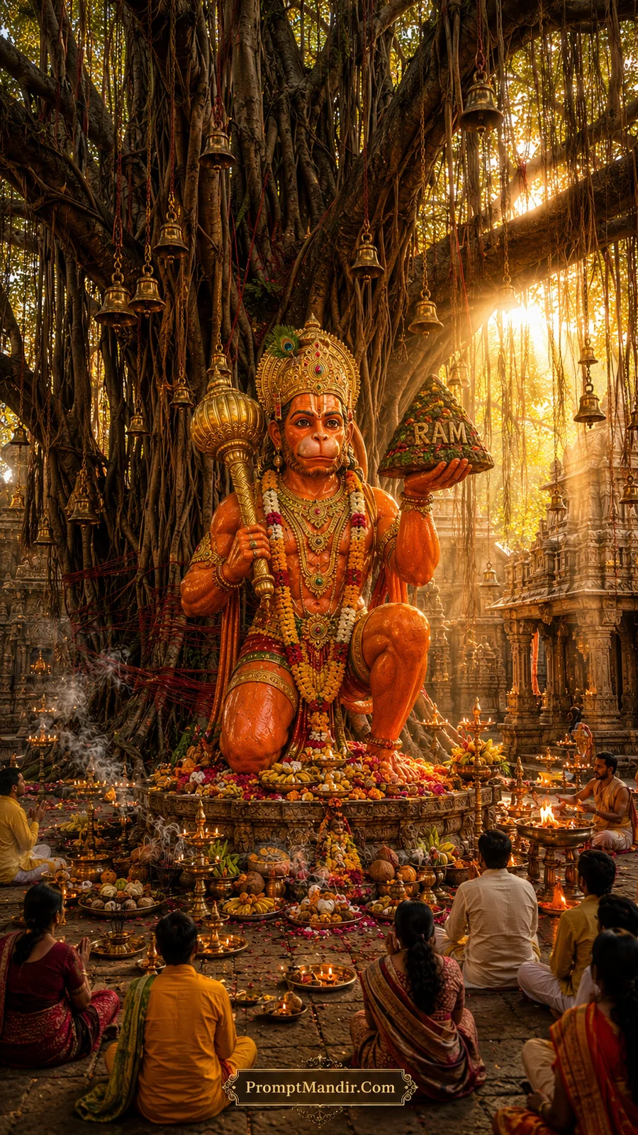 Grand Hanuman statue beneath banyan tree surrounded by bells and offerings