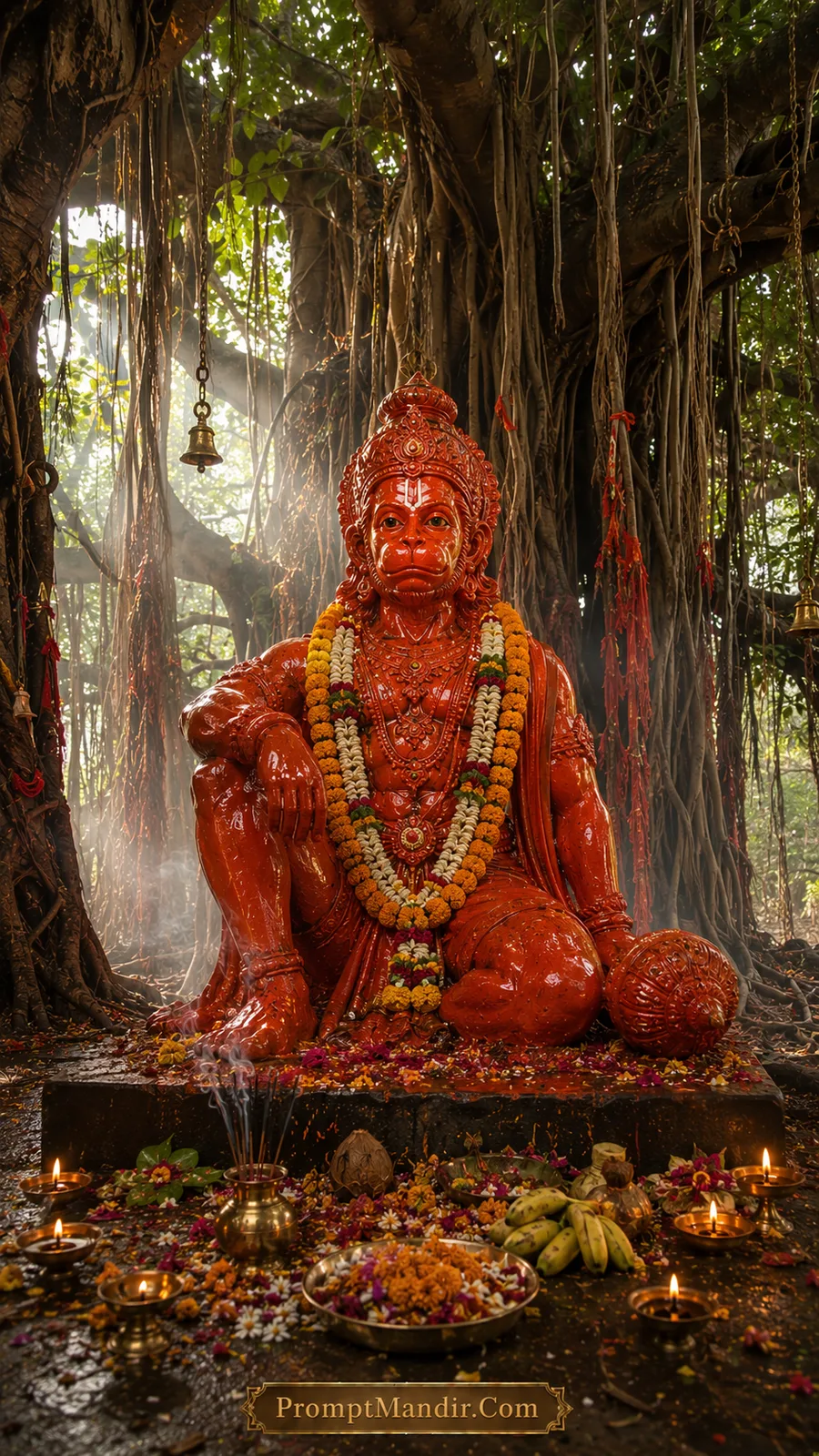 Orange Hanuman idol adorned with garlands inside sacred forest sanctuary