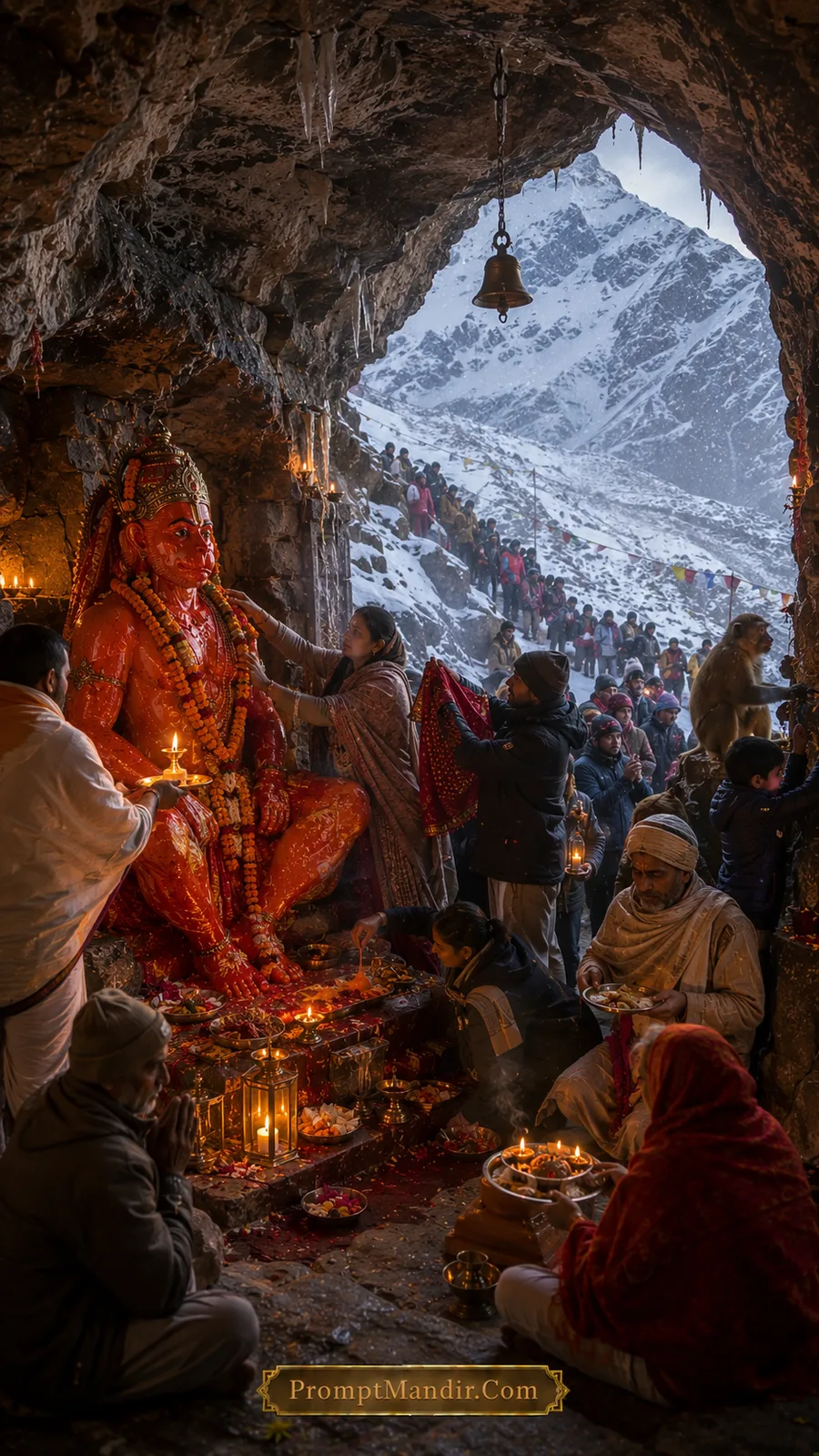 Hanuman cave temple with snowy mountains and pilgrims offering prayers