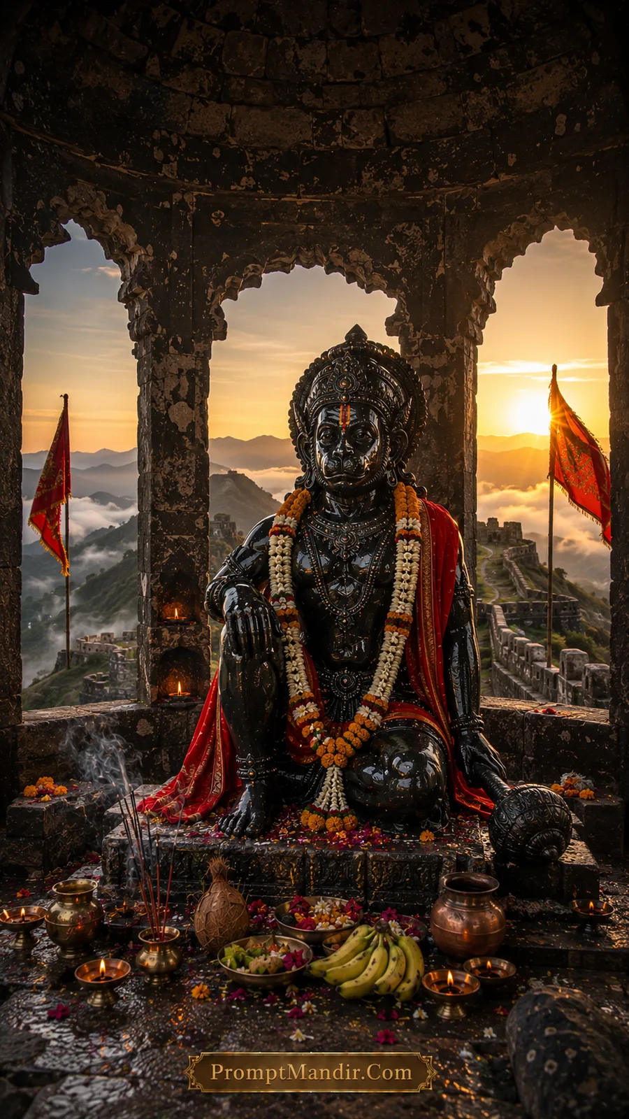 Black stone Hanuman idol inside fort pavilion overlooking sunrise landscape