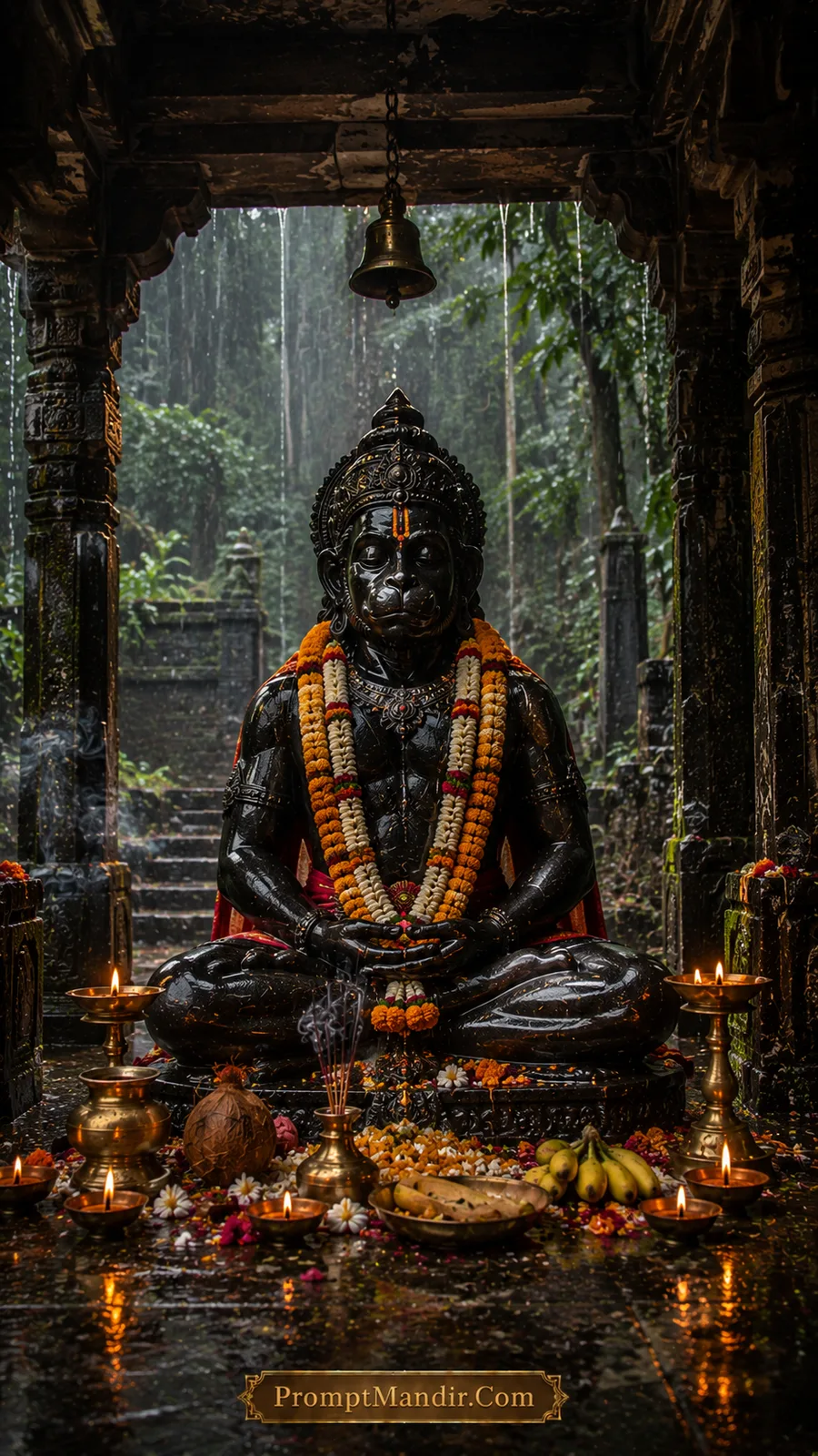 Meditative black Hanuman statue in rainwashed temple surrounded by lamps