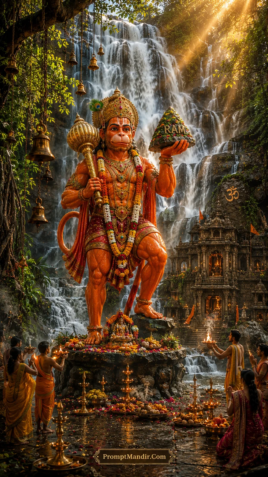 Hanuman carrying sacred mountain before waterfall temple and worshippers