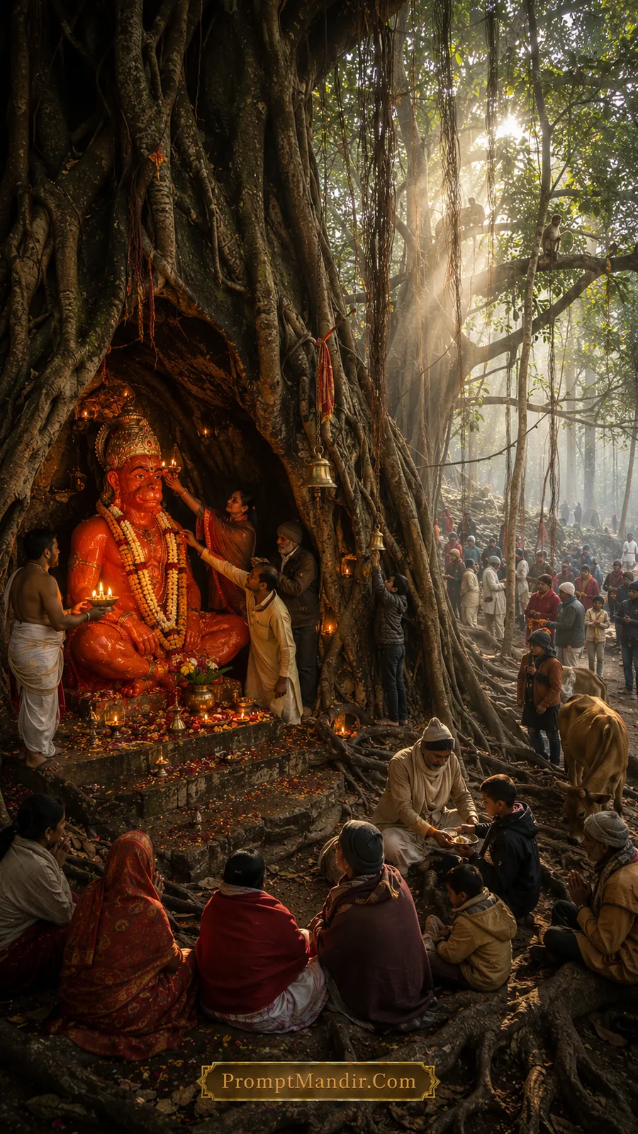 Hanuman shrine inside giant banyan roots with gathered village devotees