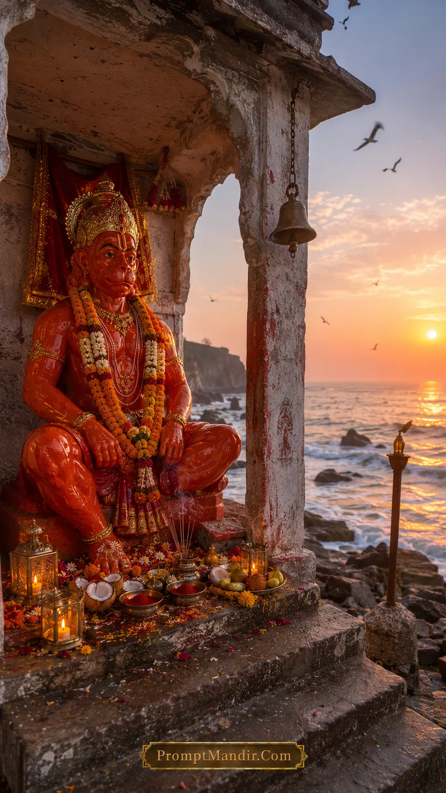 Seaside Hanuman idol beside temple pavilion during peaceful sunset evening