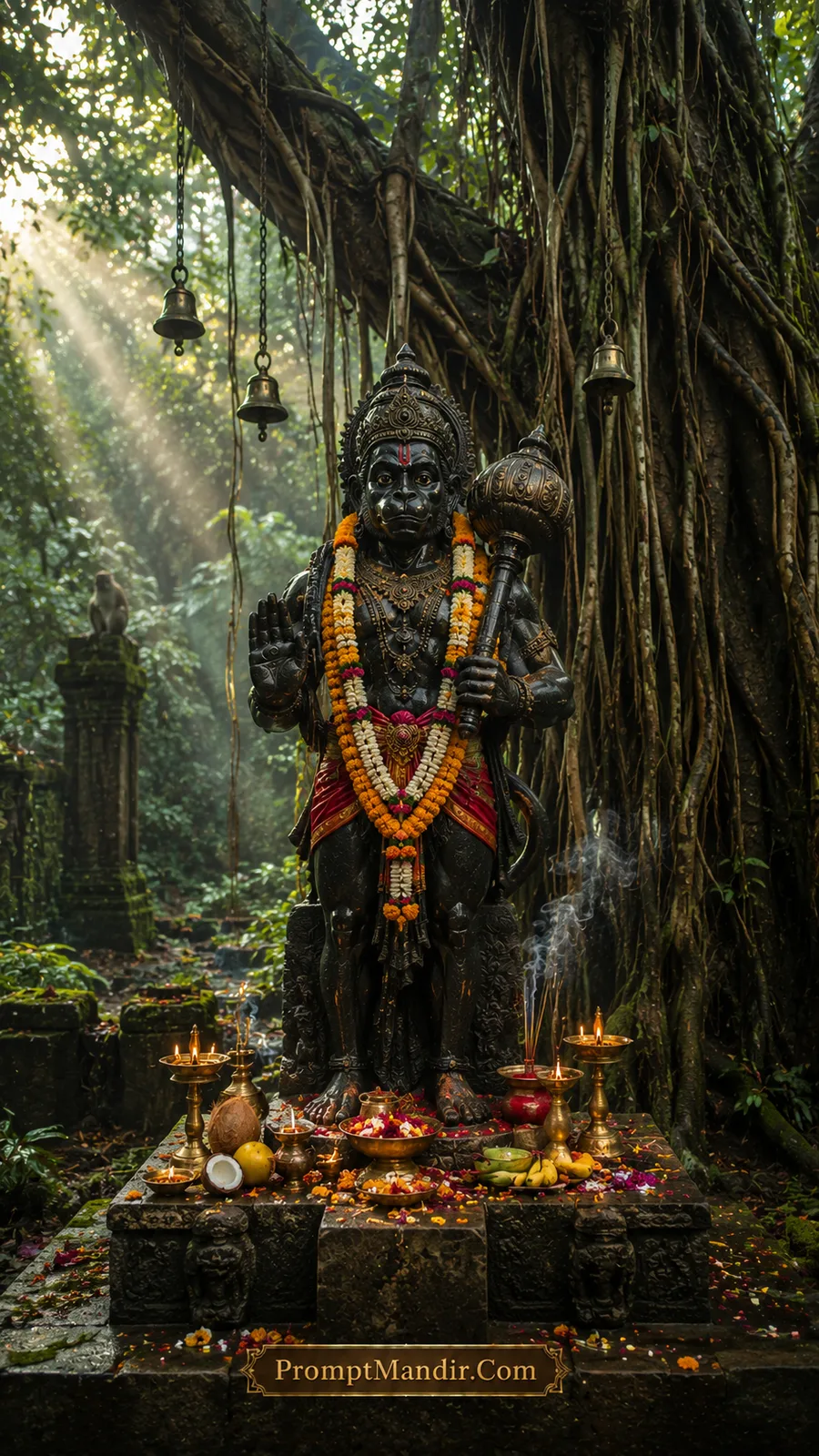 Black Hanuman statue beneath forest banyan tree with sacred offerings