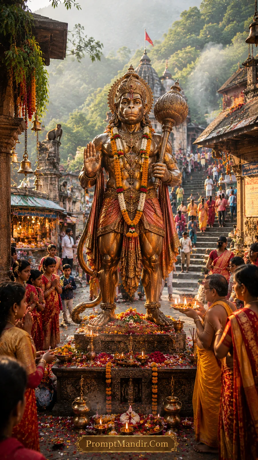 Golden Hanuman statue in bustling temple street filled with devotees