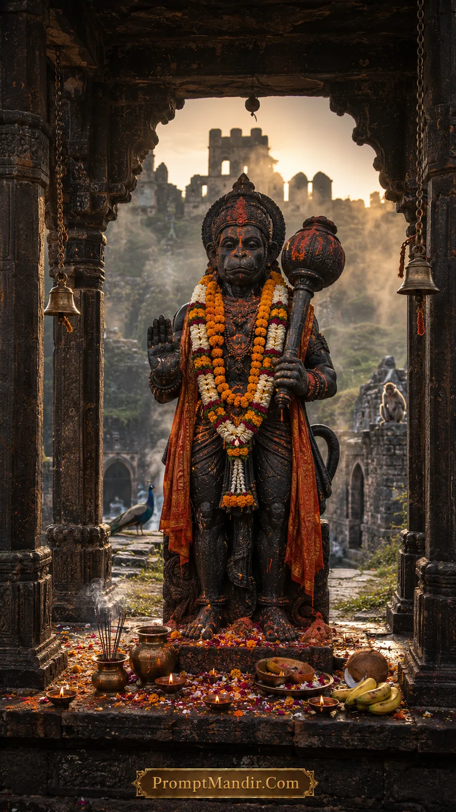 Black Hanuman idol framed by ancient ruins and temple gateway