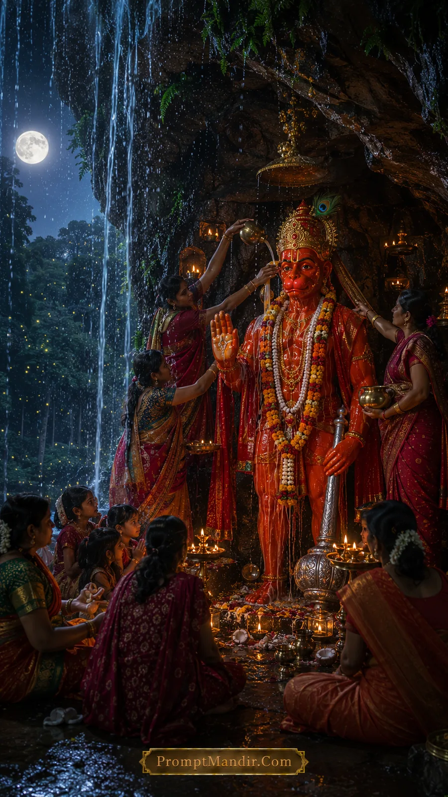 Hanuman abhishek ceremony beside waterfall under moonlit devotional gathering