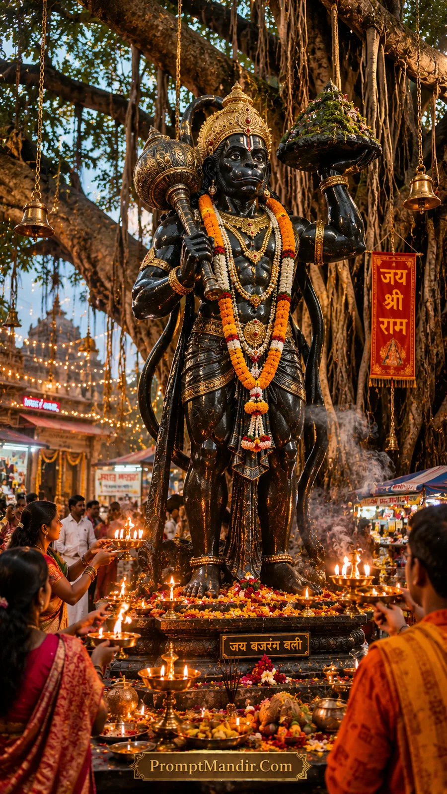 Black Hanuman carrying sacred mountain beneath banyan tree and bells