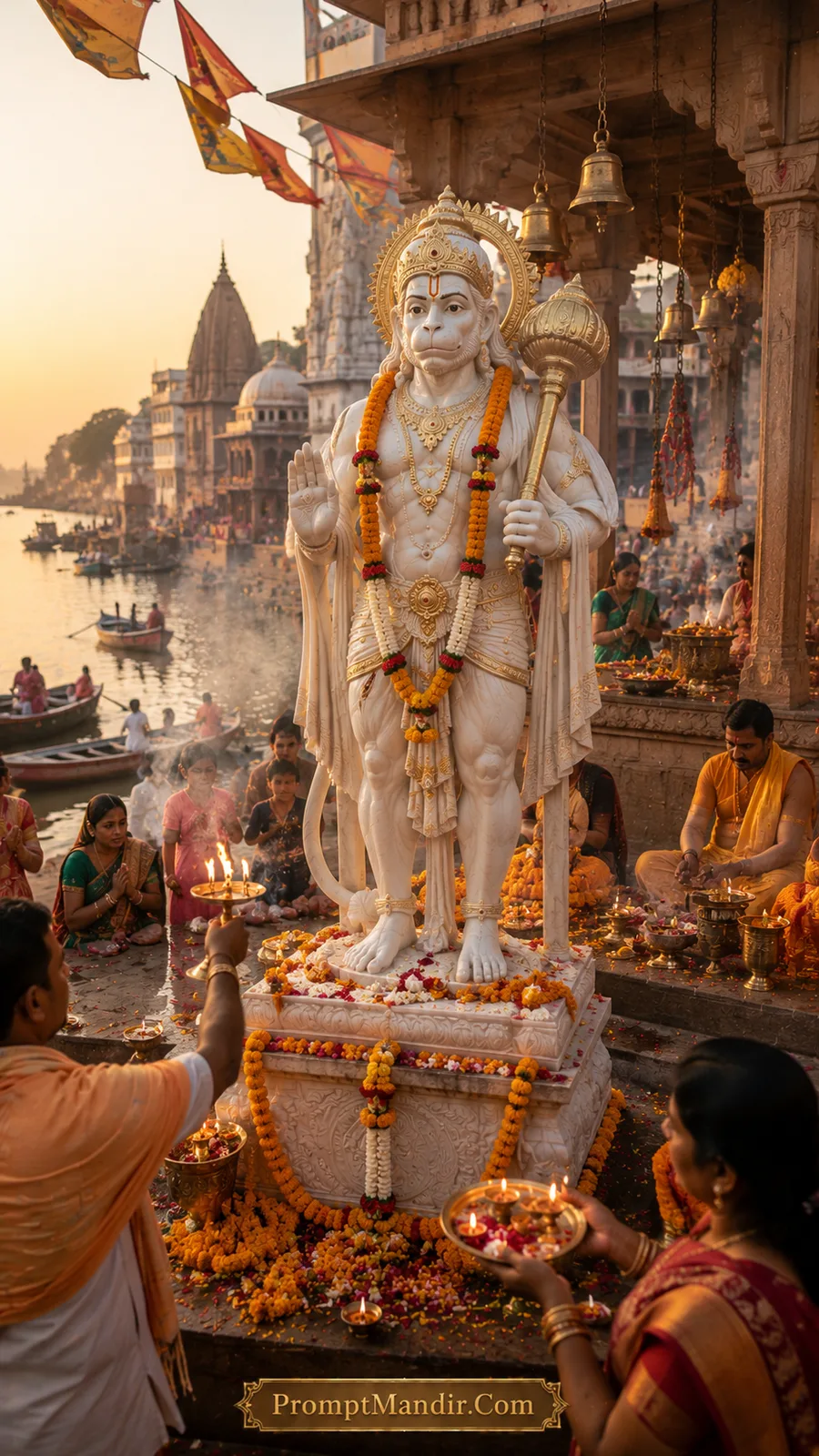 White marble Hanuman statue beside riverside temple during evening worship