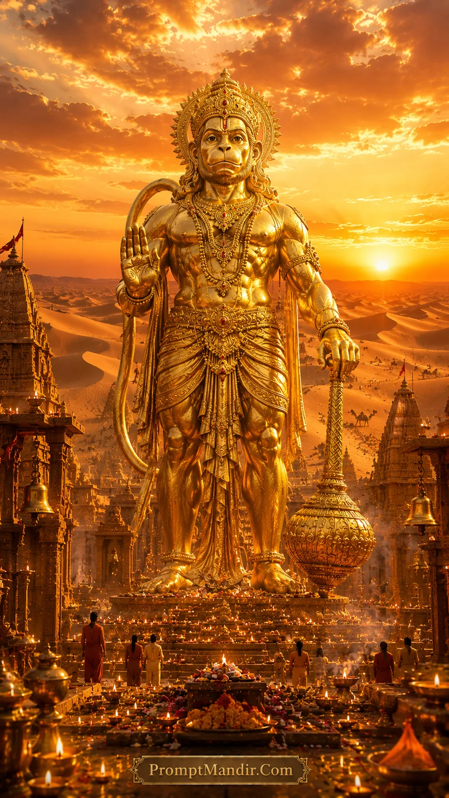 Golden Hanuman monument towering above desert temples at radiant sunset