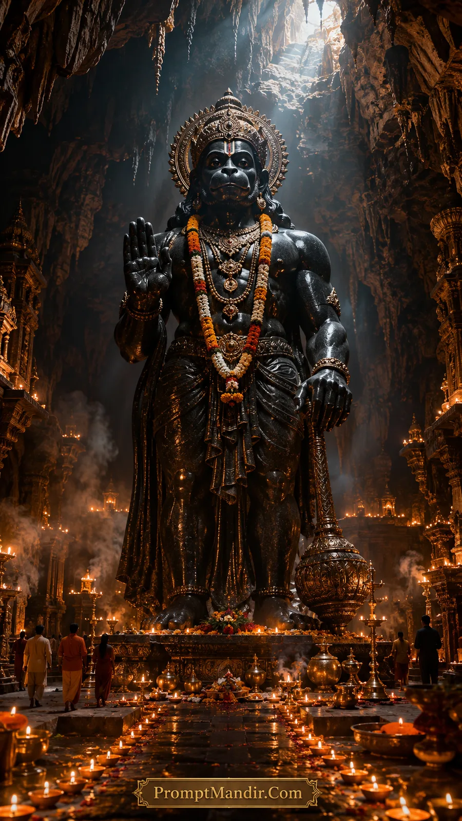 Giant black Hanuman statue inside illuminated cave temple sanctuary