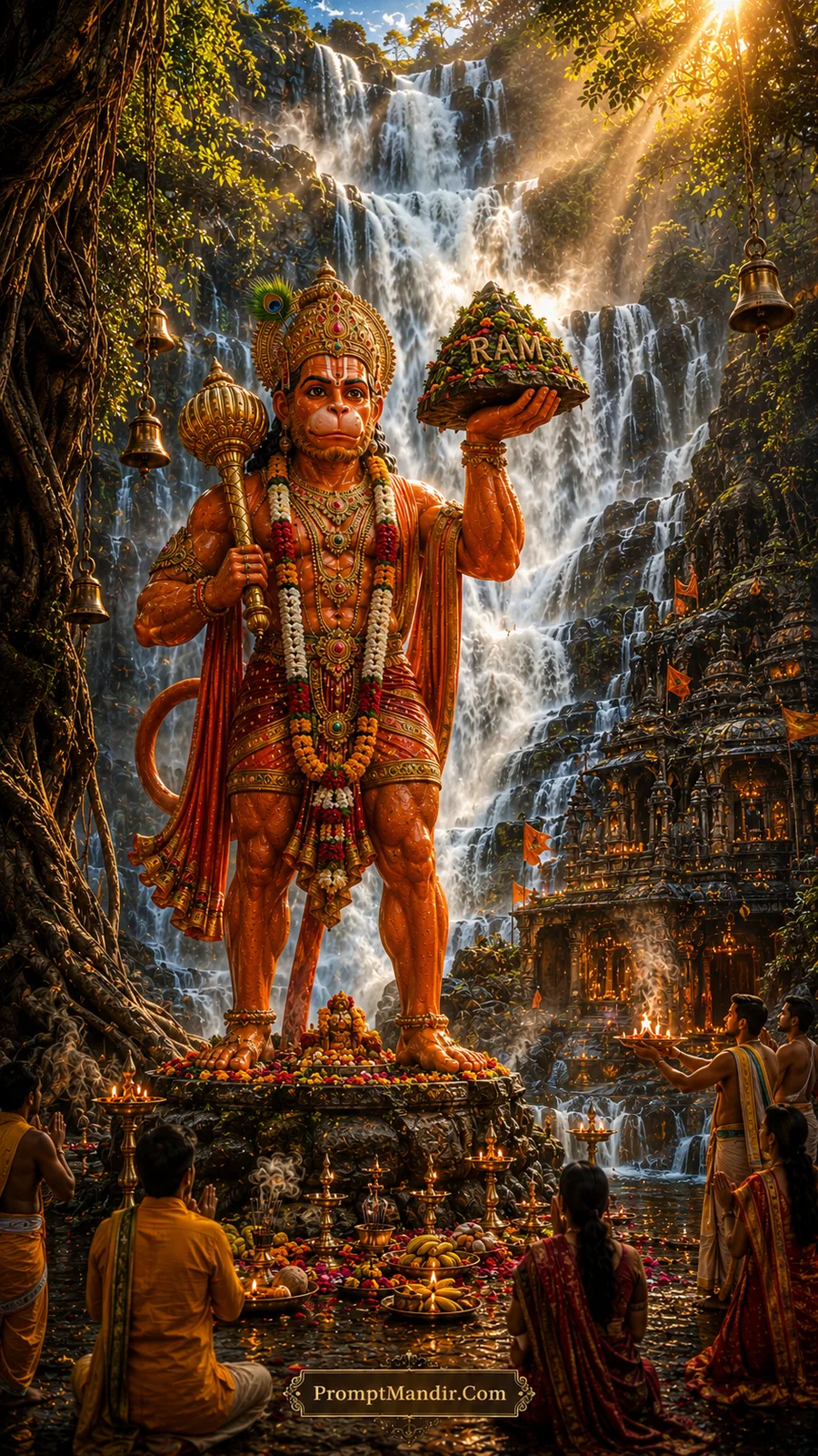Hanuman carrying sacred mountain before waterfall and forest temple complex