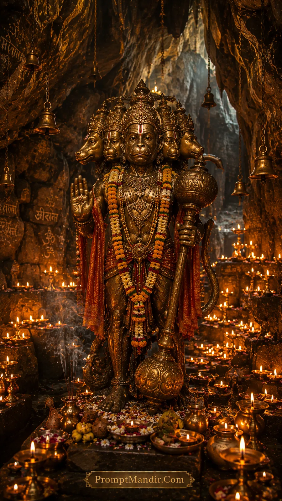 Panchamukhi Hanuman statue inside cave illuminated by countless oil lamps