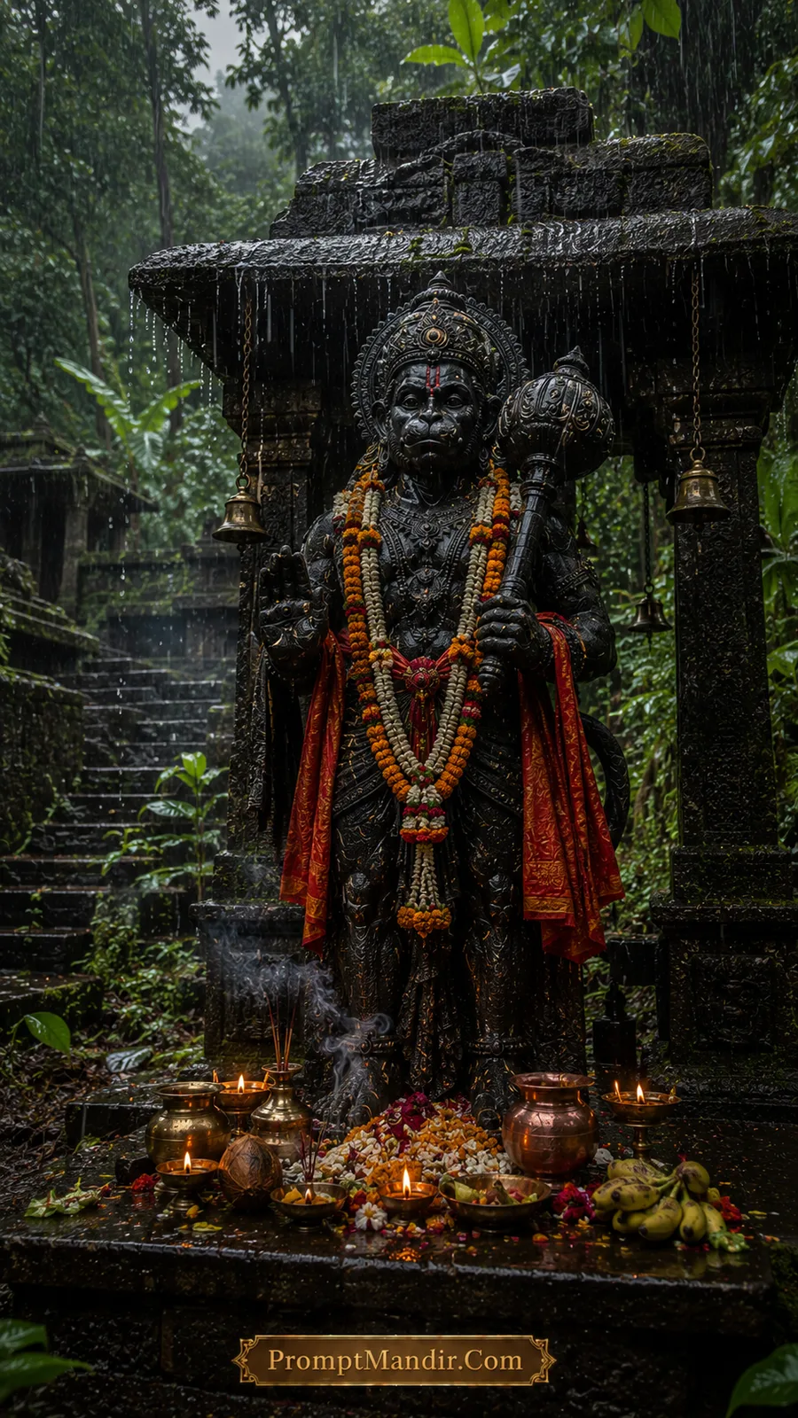 Black Hanuman statue in rainforest temple during peaceful monsoon rainfall