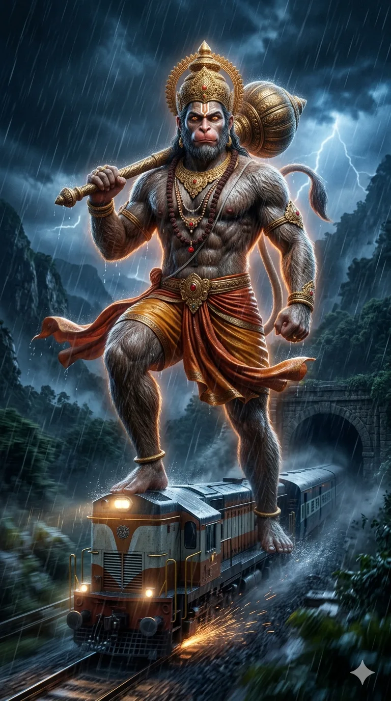 Hanuman giant storm train cinematic AI art prompt