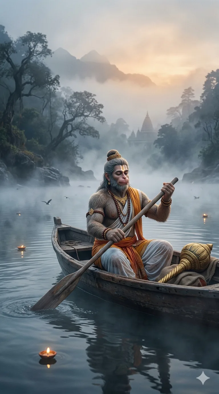 Hanuman rowing boat on misty river AI prompt