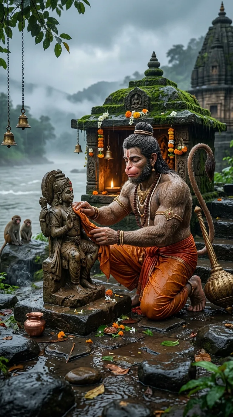 Hanuman cleaning deity statue near riverside shrine AI prompt