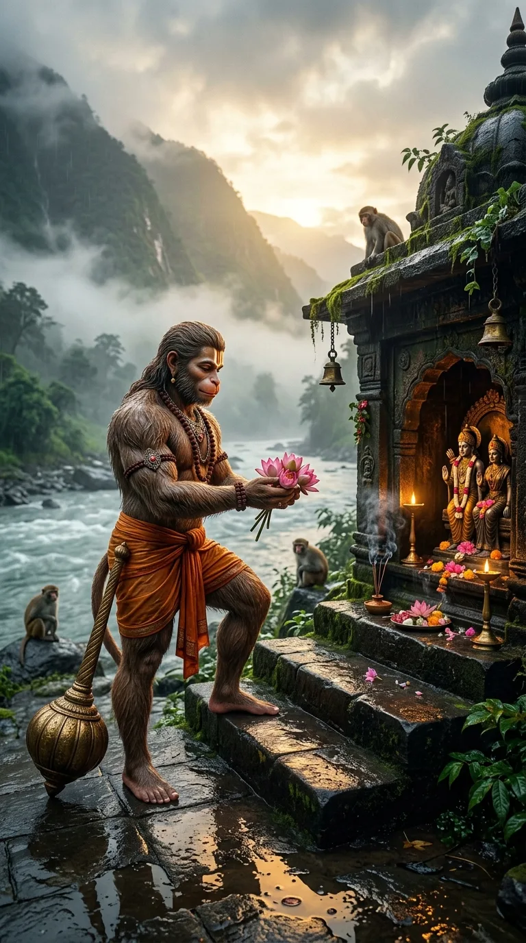 Hanuman offering lotus flowers at temple shrine AI art prompt