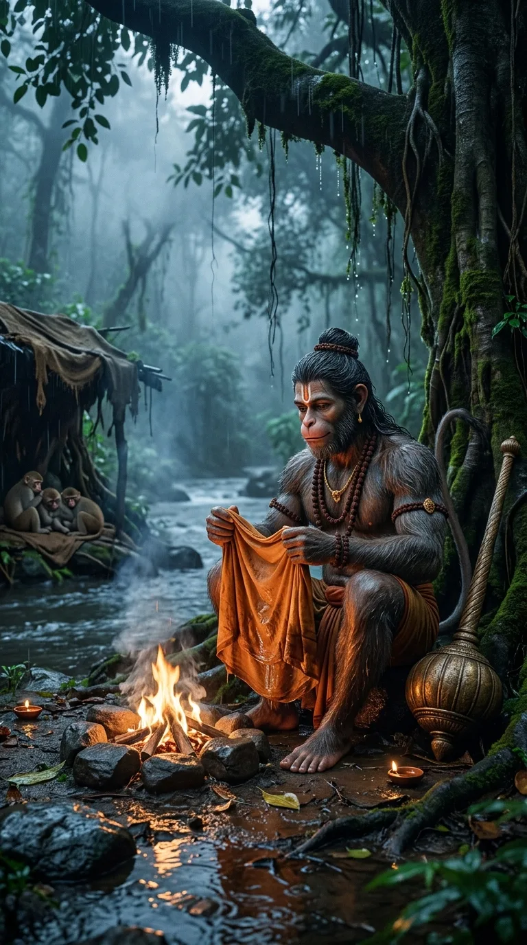 Hanuman drying cloth near forest campfire AI prompt