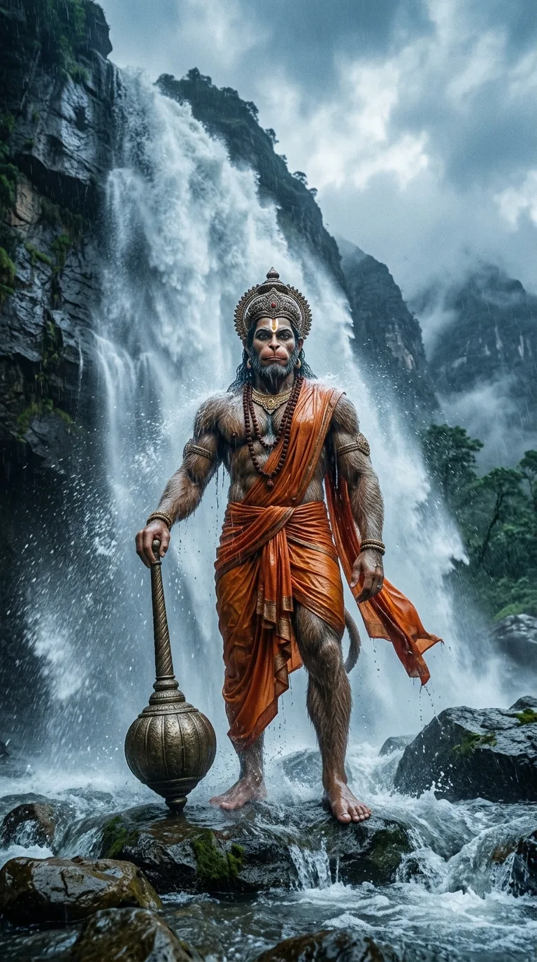 Hanuman standing before waterfall in mountains AI prompt