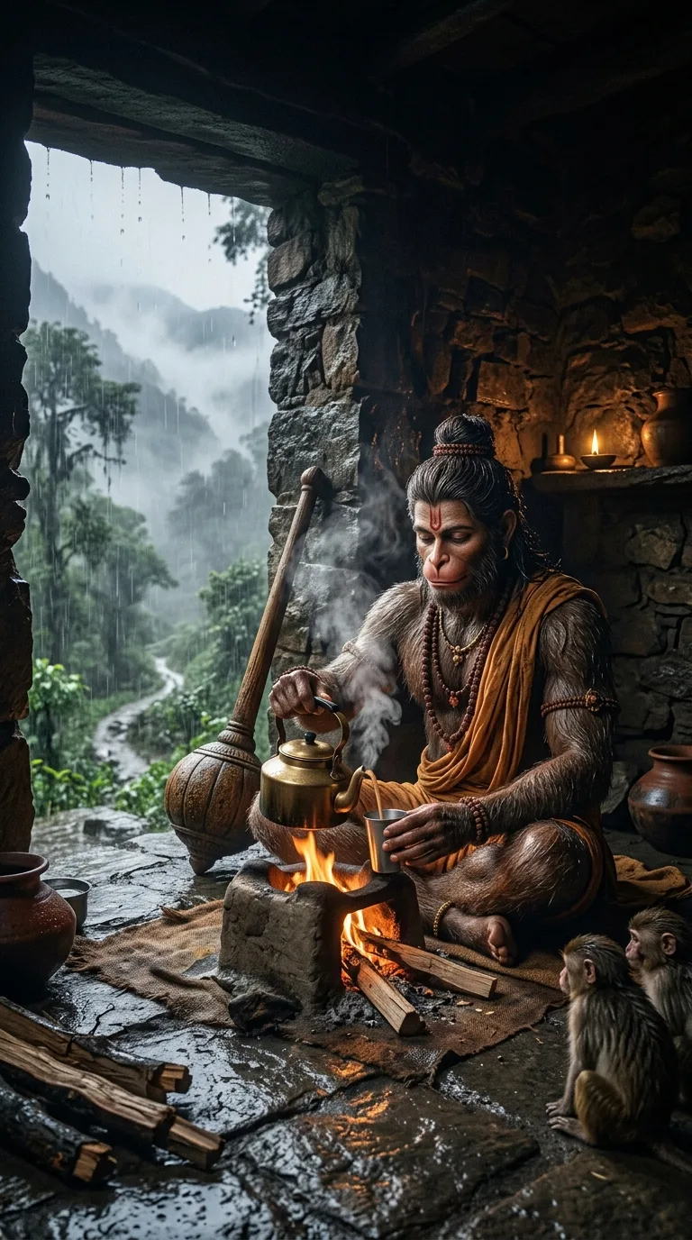 Hanuman making tea inside mountain cave AI art prompt