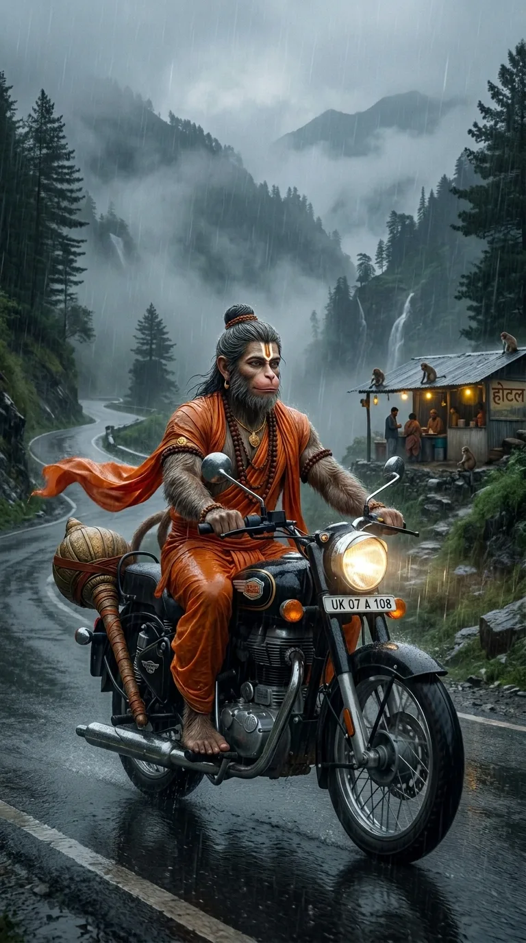 Hanuman riding motorcycle through mountain rain AI prompt