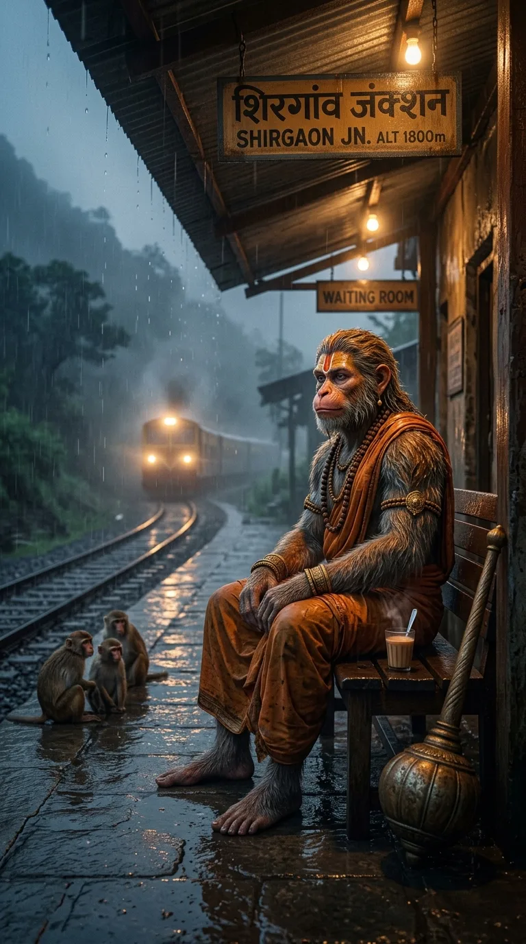 Hanuman waiting at railway station during monsoon AI prompt