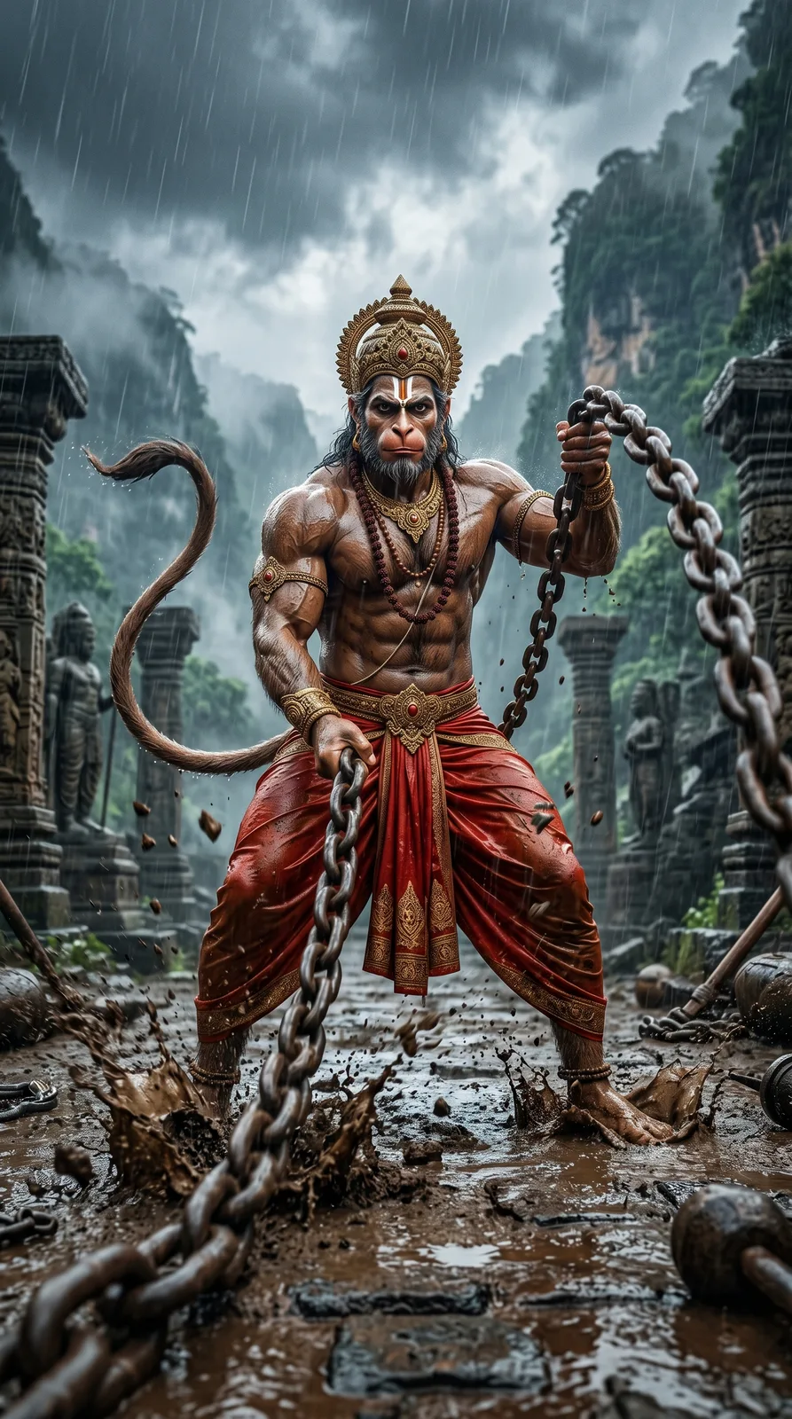 Hanuman pulling massive chains in rain temple strength training AI art