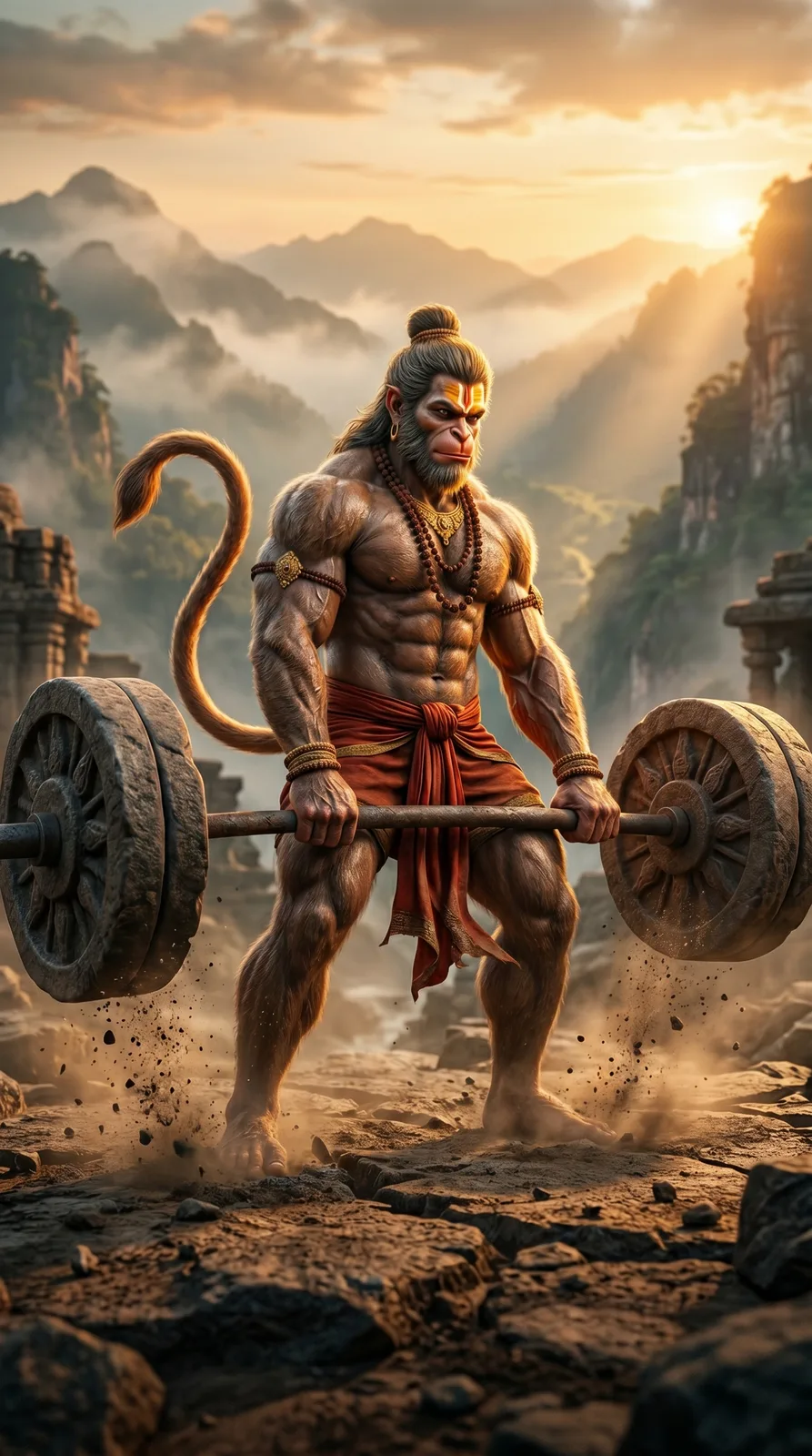 Hanuman lifting giant stone barbell devotional AI art