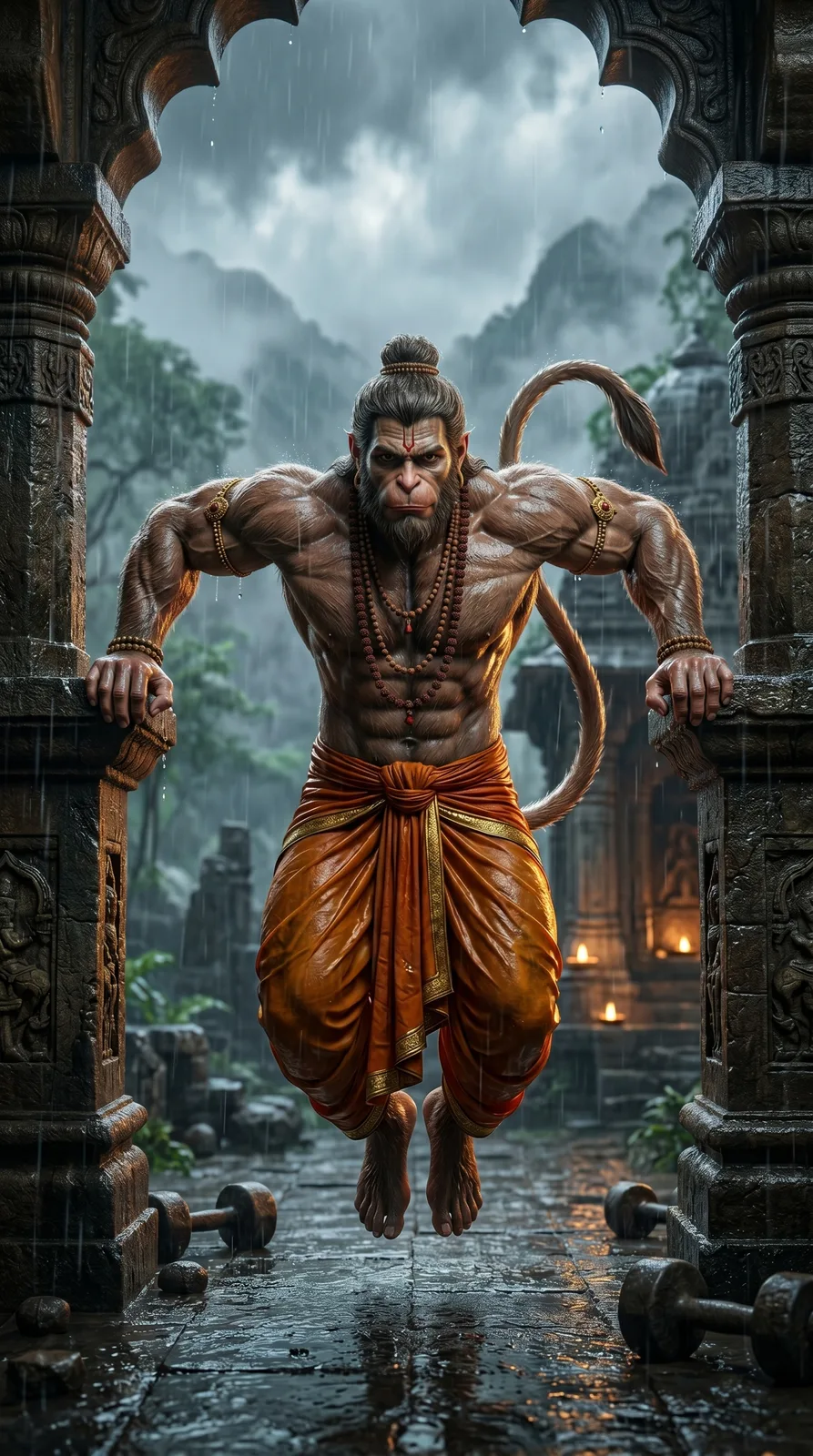 Hanuman temple dips workout devotional cinematic AI artwork