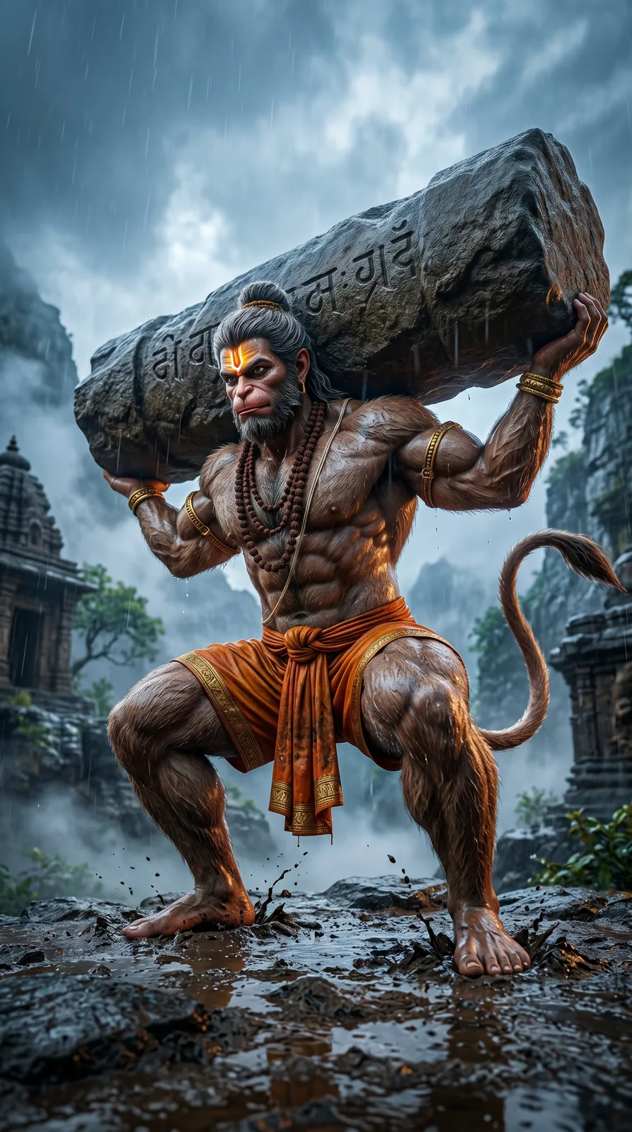 Hanuman carrying sacred stone block strength training AI art
