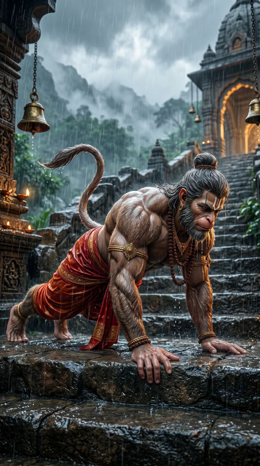 Hanuman push-up training in temple rain cinematic AI art