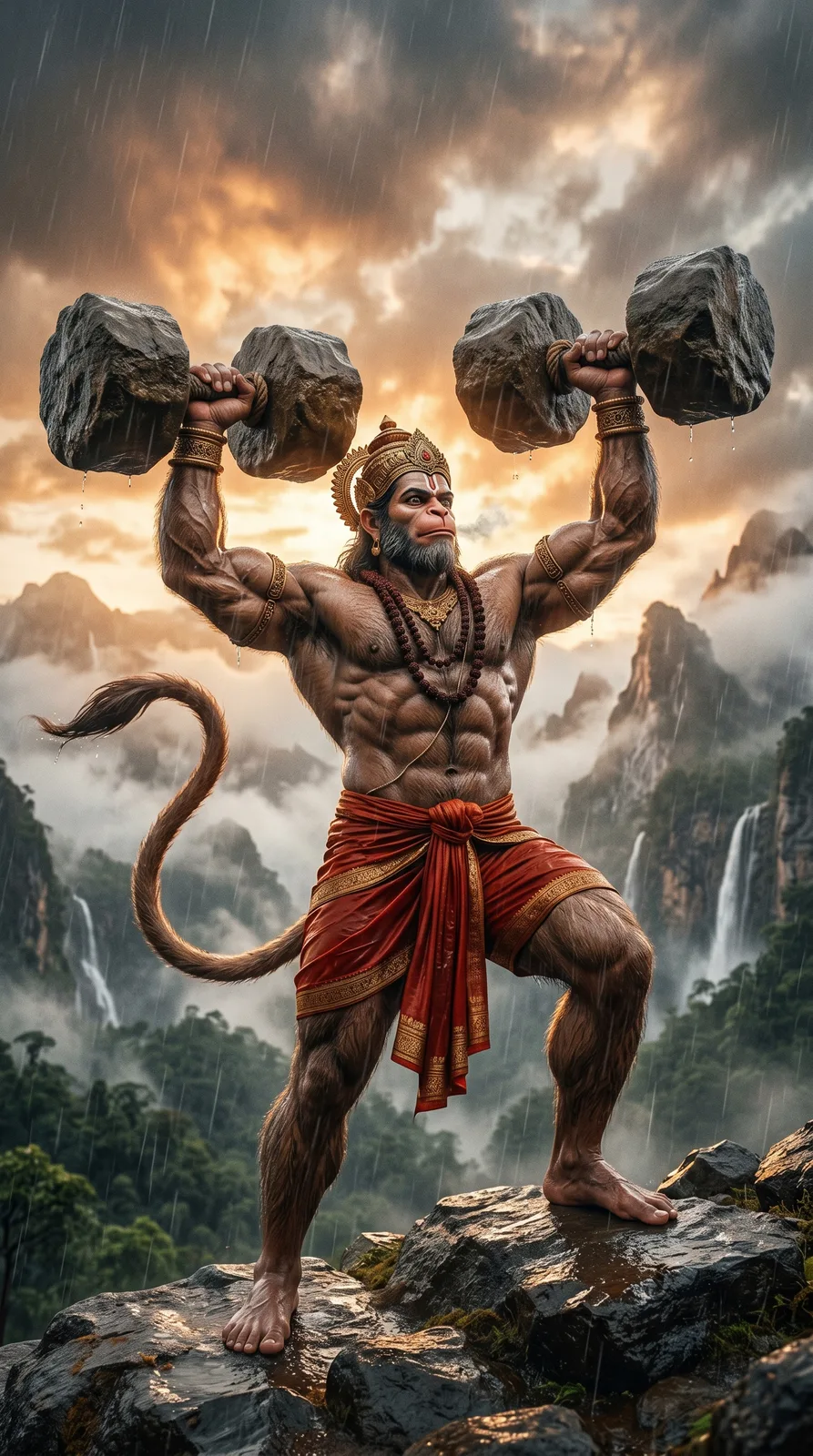 Hanuman lifting stone dumbbells mountain landscape AI art