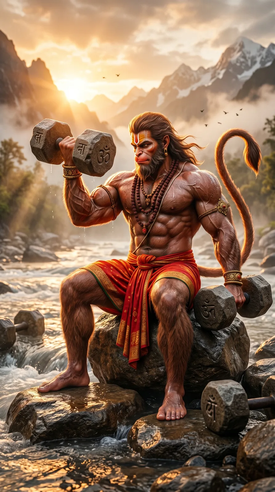 Hanuman ultimate strength and fitness devotional AI art collage
