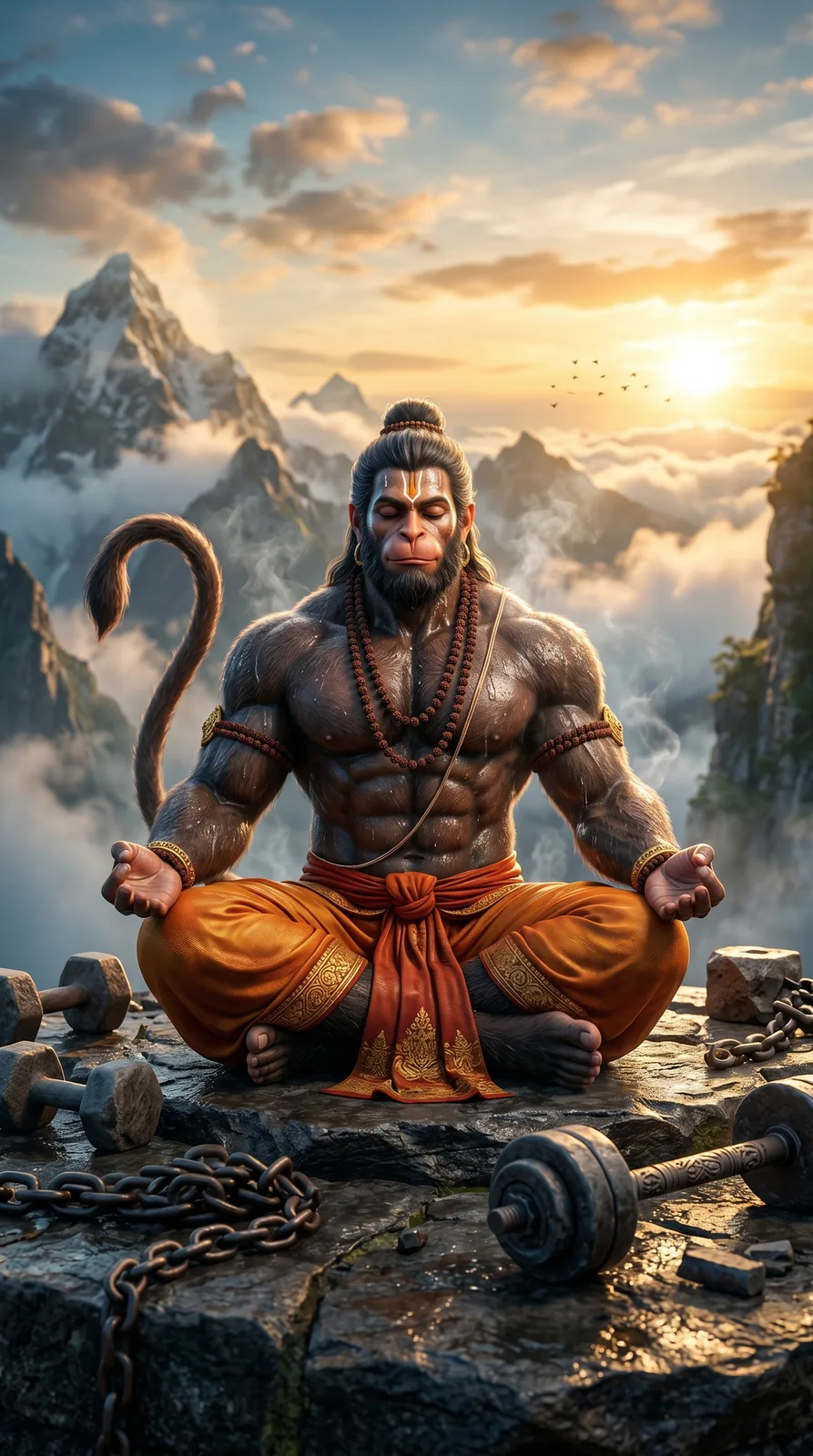 Meditating Hanuman after strength training cinematic devotional AI art