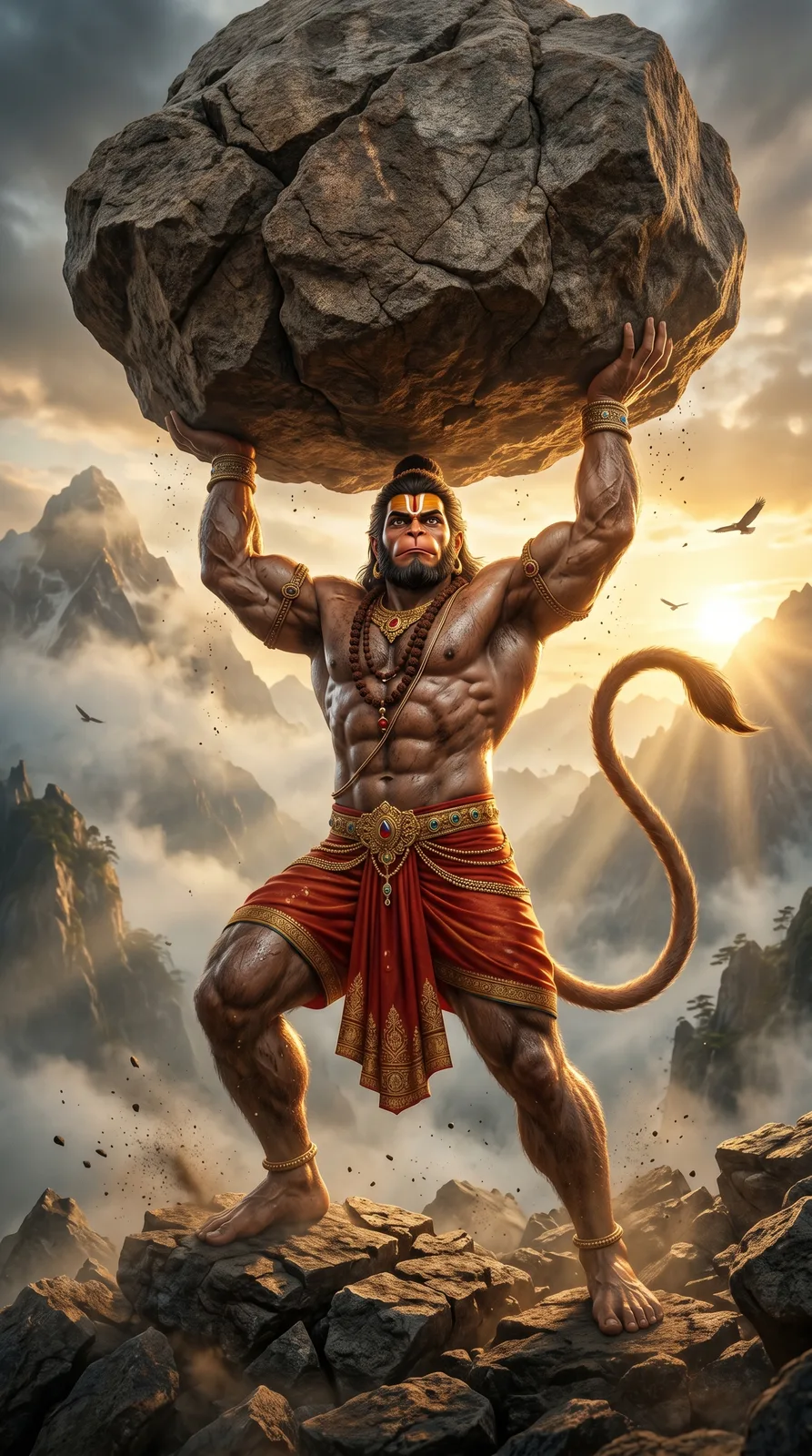 Hanuman lifting giant boulder above head epic AI artwork