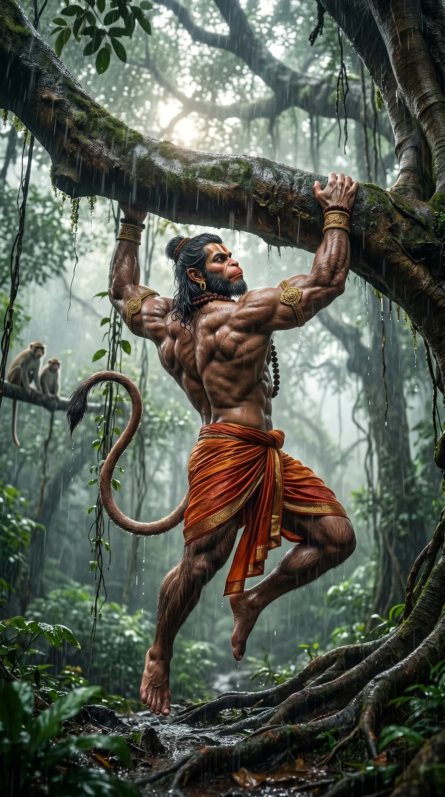 Hanuman climbing giant tree strength workout jungle AI art